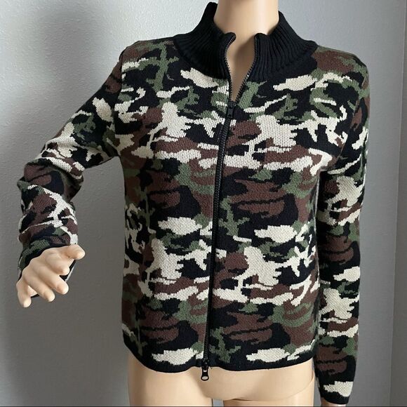 SML Sport Camouflage Double Zipper Sweater Small Green Brown Black Cream - Picture 2 of 15